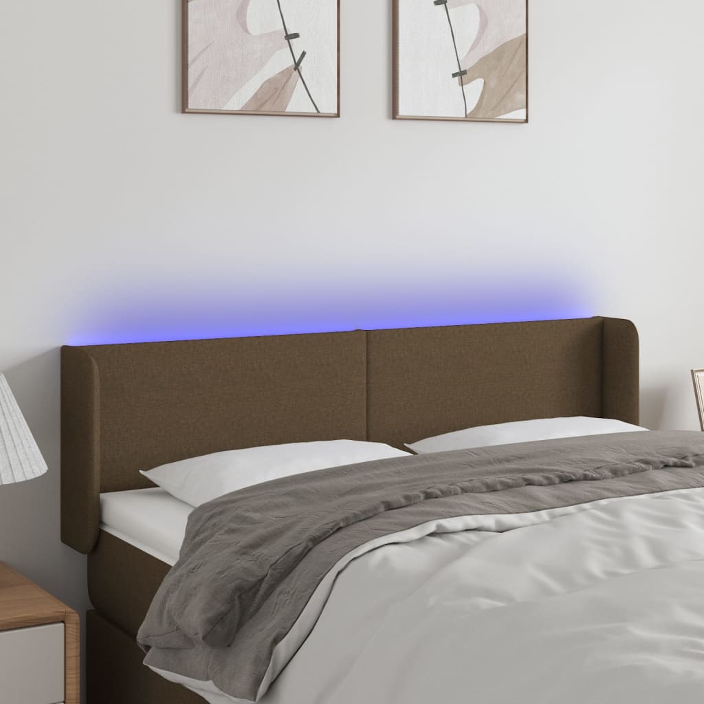vidaXL Zagłówek do łóżka z LED, ciemnobrązowy, 147x16x78/88cm, tkanina