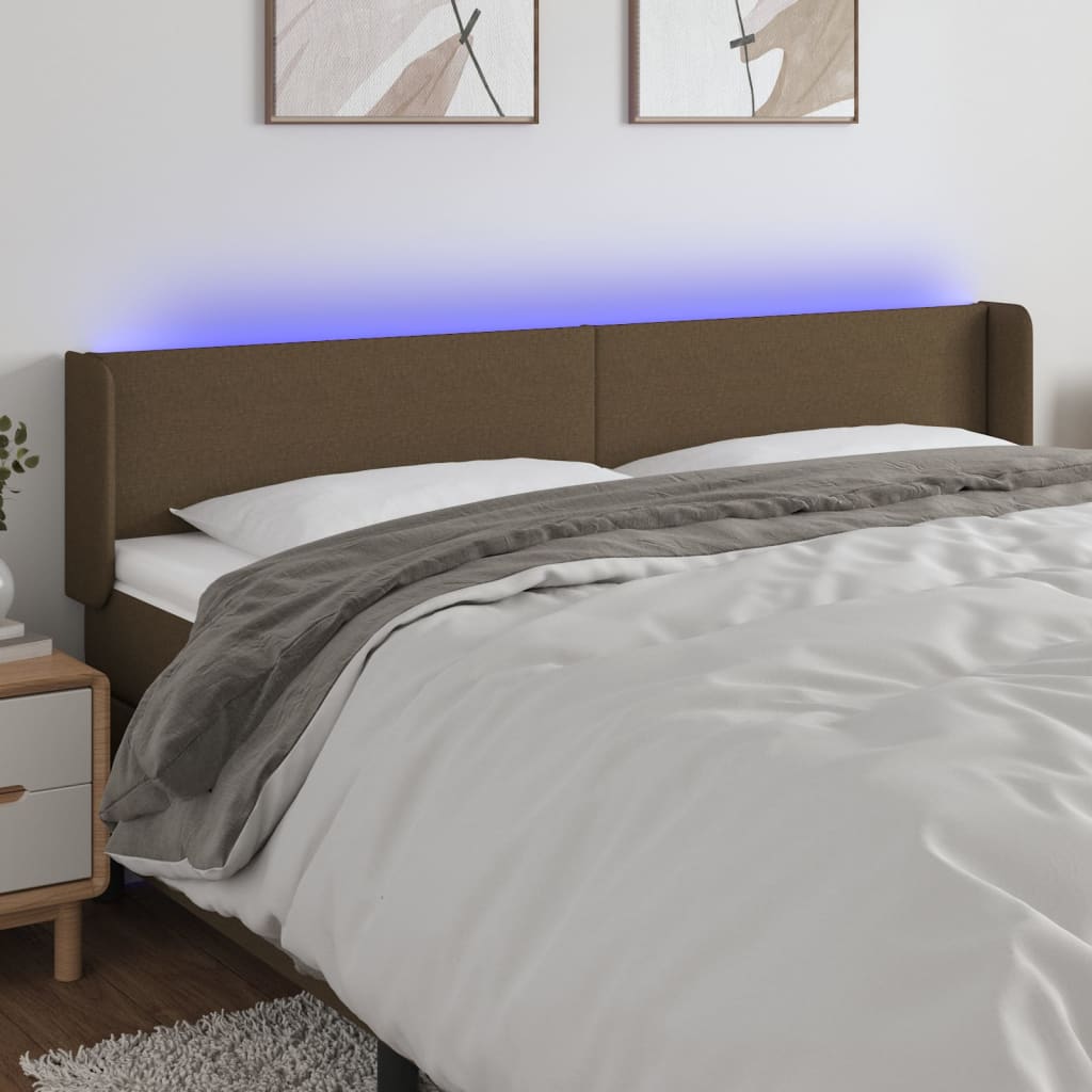 vidaXL Zagłówek do łóżka z LED, ciemnobrązowy, 163x16x78/88cm, tkanina