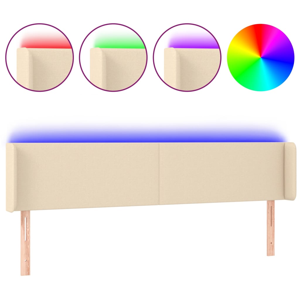 vidaXL Zagłówek do łóżka z LED, kremowy, 203x16x78/88 cm, tkanina