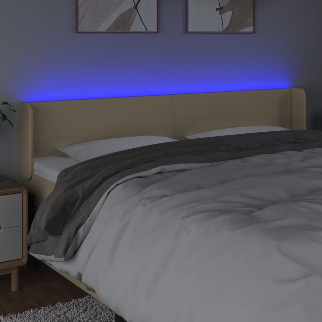 vidaXL Zagłówek do łóżka z LED, kremowy, 203x16x78/88 cm, tkanina