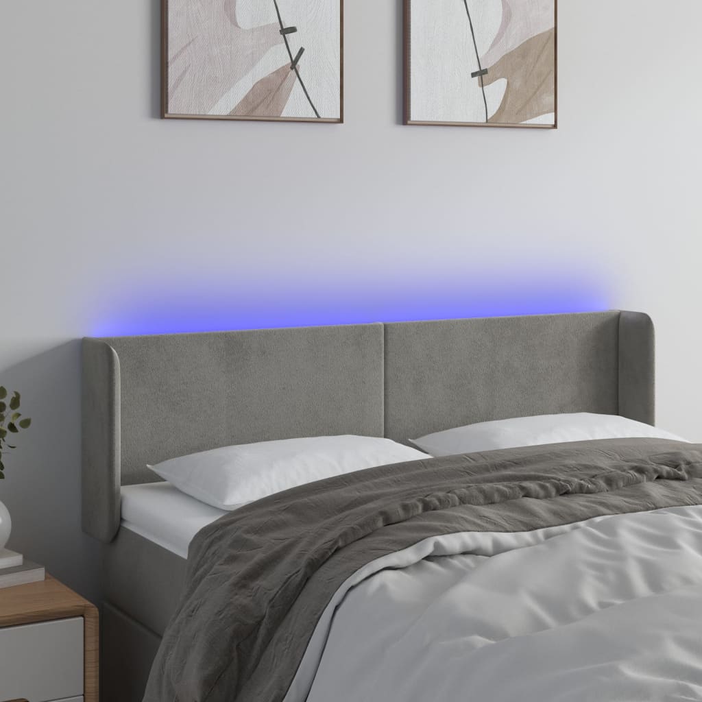 vidaXL Zagłówek do łóżka z LED, jasnoszary, 147x16x78/88 cm, aksamit