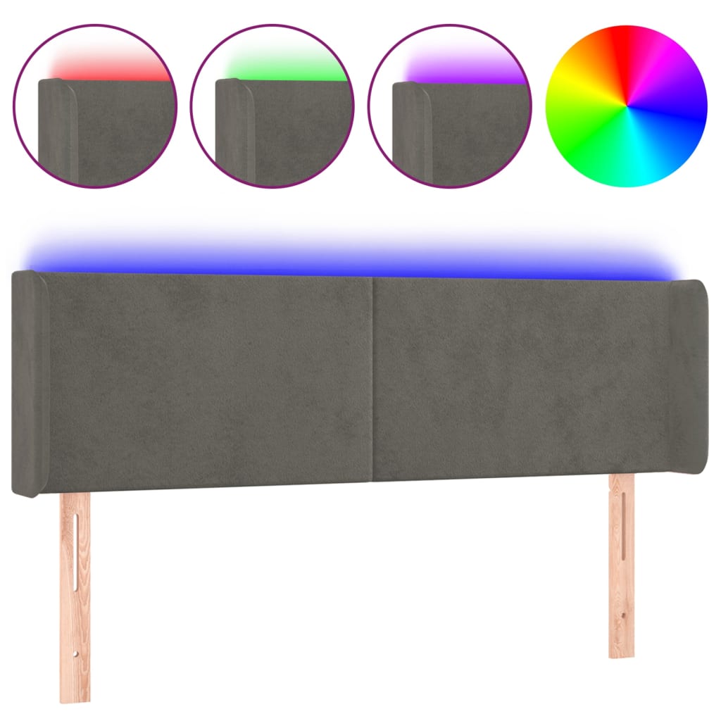 vidaXL Zagłówek do łóżka z LED, ciemnoszary, 147x16x78/88 cm, aksamit