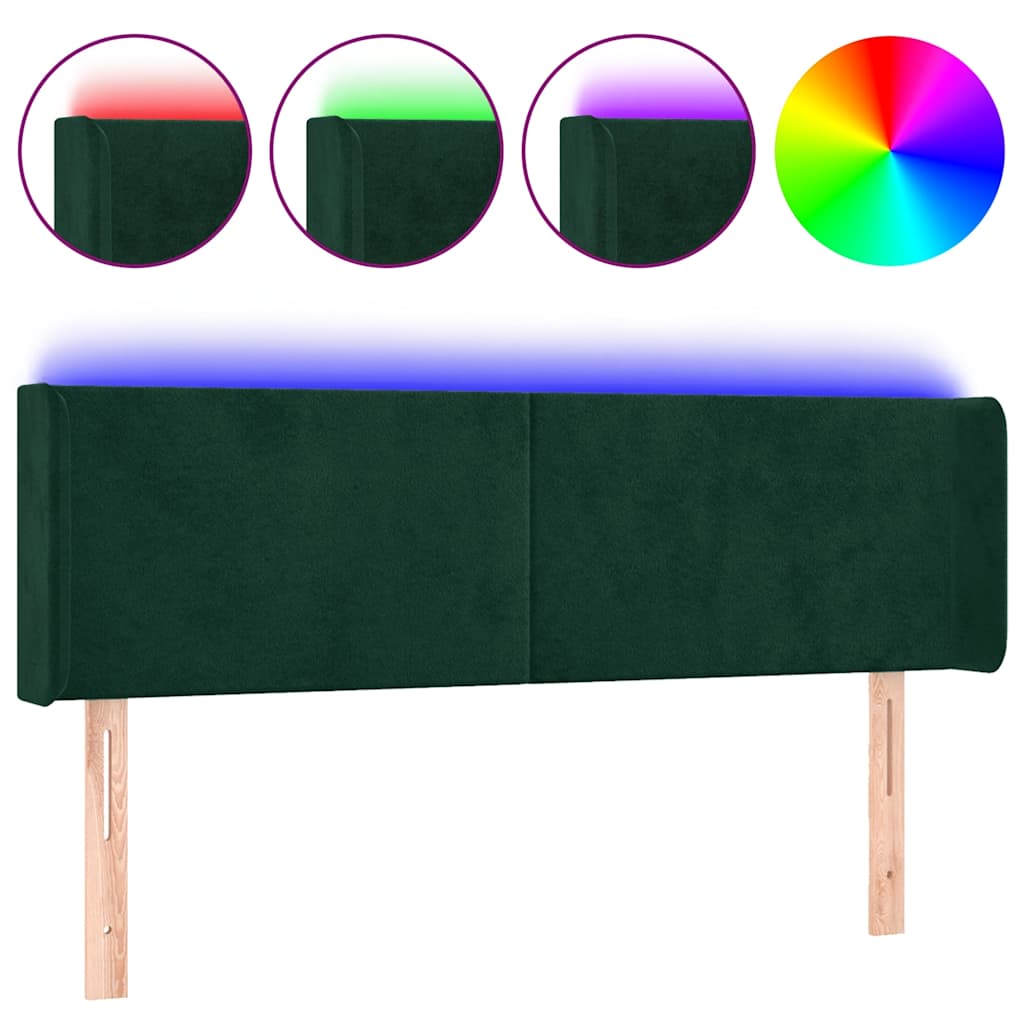 vidaXL Zagłówek do łóżka z LED, ciemnozielony, 147x16x78/88cm, aksamit