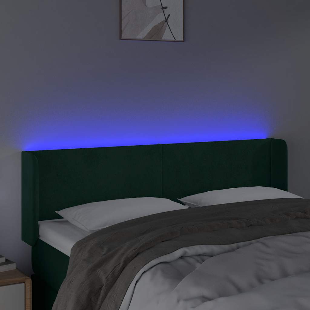 vidaXL Zagłówek do łóżka z LED, ciemnozielony, 147x16x78/88cm, aksamit