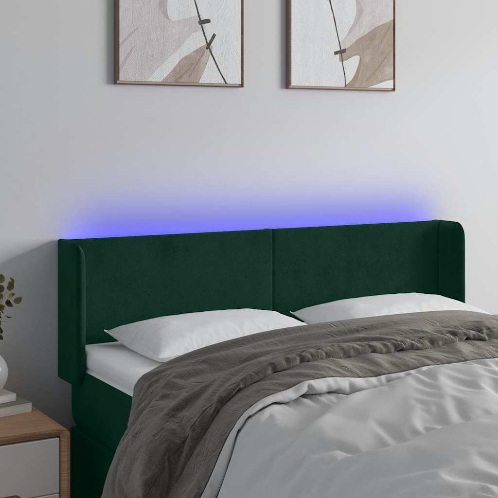 vidaXL Zagłówek do łóżka z LED, ciemnozielony, 147x16x78/88cm, aksamit
