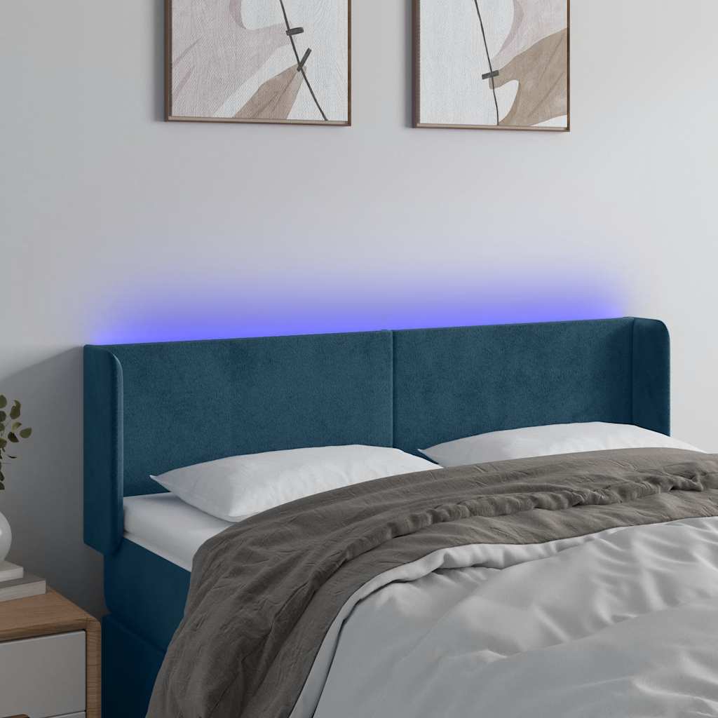 vidaXL Zagłówek do łóżka z LED ciemnoniebieski 147x16x78/88 cm aksamit