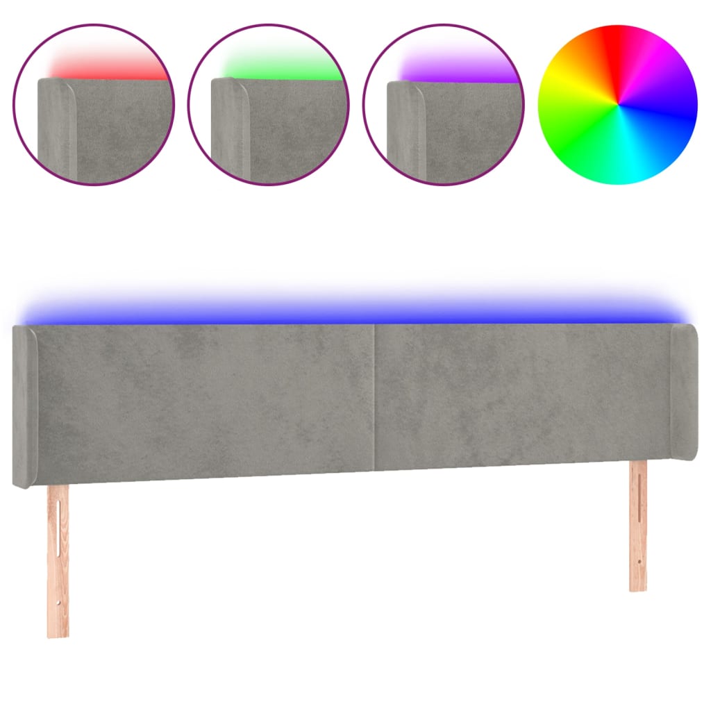 vidaXL Zagłówek do łóżka z LED, jasnoszary, 163x16x78/88 cm, aksamit