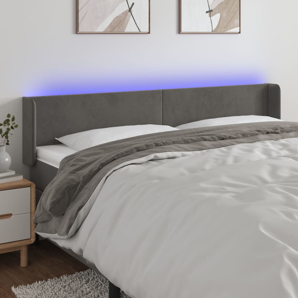 vidaXL Zagłówek do łóżka z LED, ciemnoszary, 163x16x78/88 cm, aksamit
