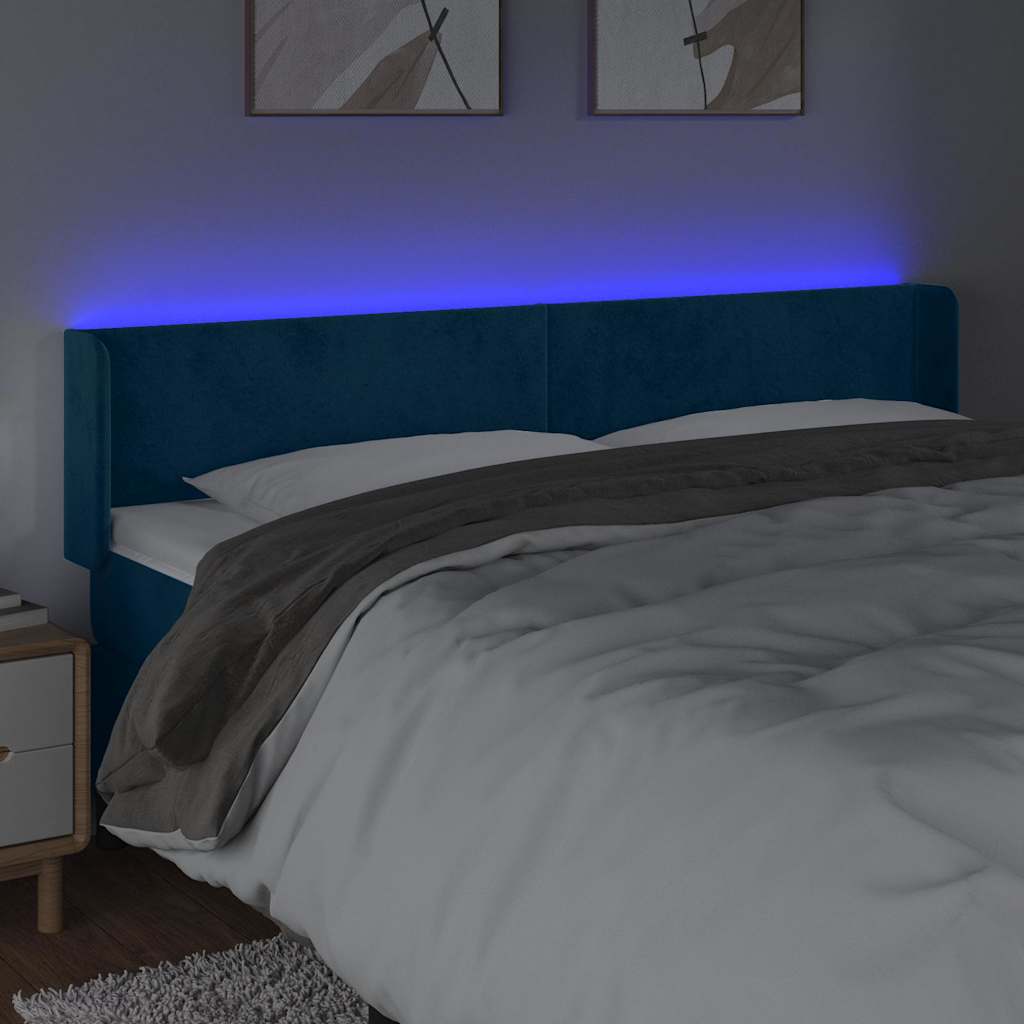 vidaXL Zagłówek do łóżka z LED ciemnoniebieski 163x16x78/88 cm aksamit