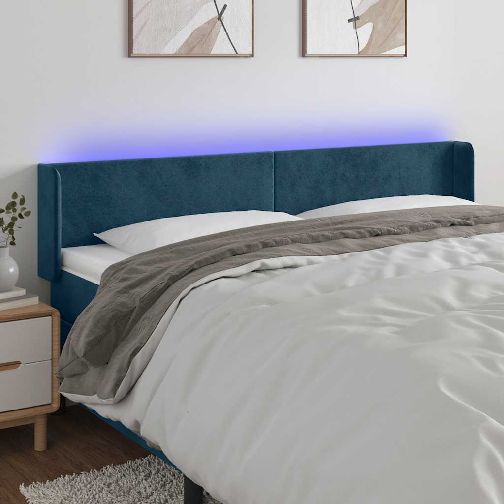 vidaXL Zagłówek do łóżka z LED ciemnoniebieski 163x16x78/88 cm aksamit