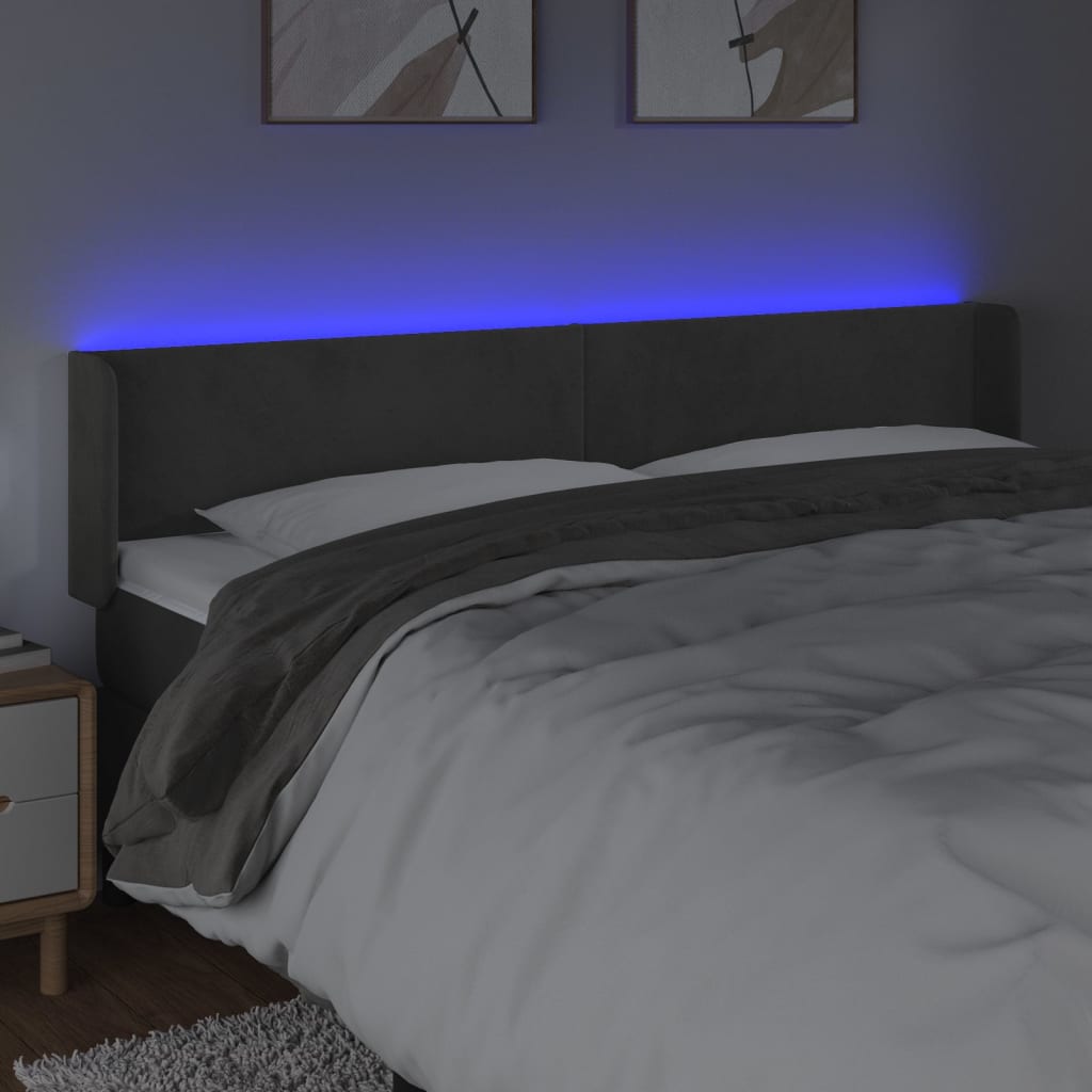 vidaXL Zagłówek do łóżka z LED, ciemnoszary, 183x16x78/88 cm, aksamit