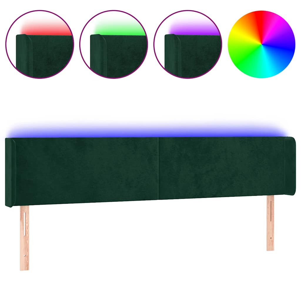 vidaXL Zagłówek do łóżka z LED, ciemnozielony, 183x16x78/88cm, aksamit