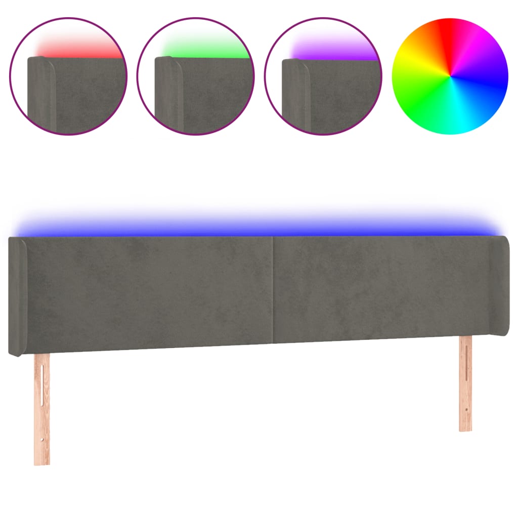 vidaXL Zagłówek do łóżka z LED, ciemnoszary, 203x16x78/88 cm, aksamit