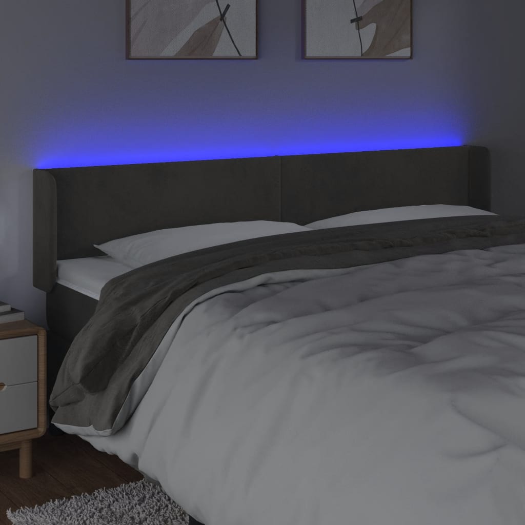 vidaXL Zagłówek do łóżka z LED, ciemnoszary, 203x16x78/88 cm, aksamit