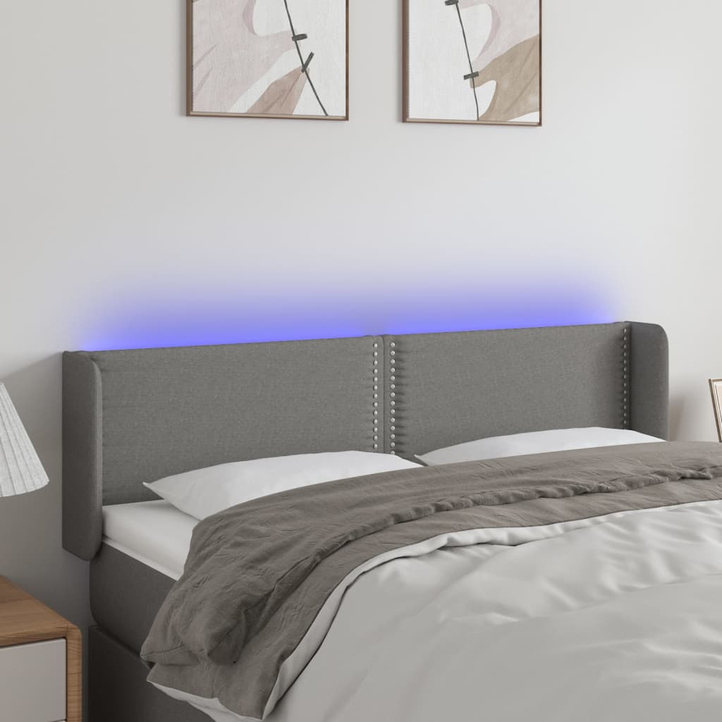 vidaXL Zagłówek do łóżka z LED, ciemnoszary, 147x16x78/88 cm, tkanina