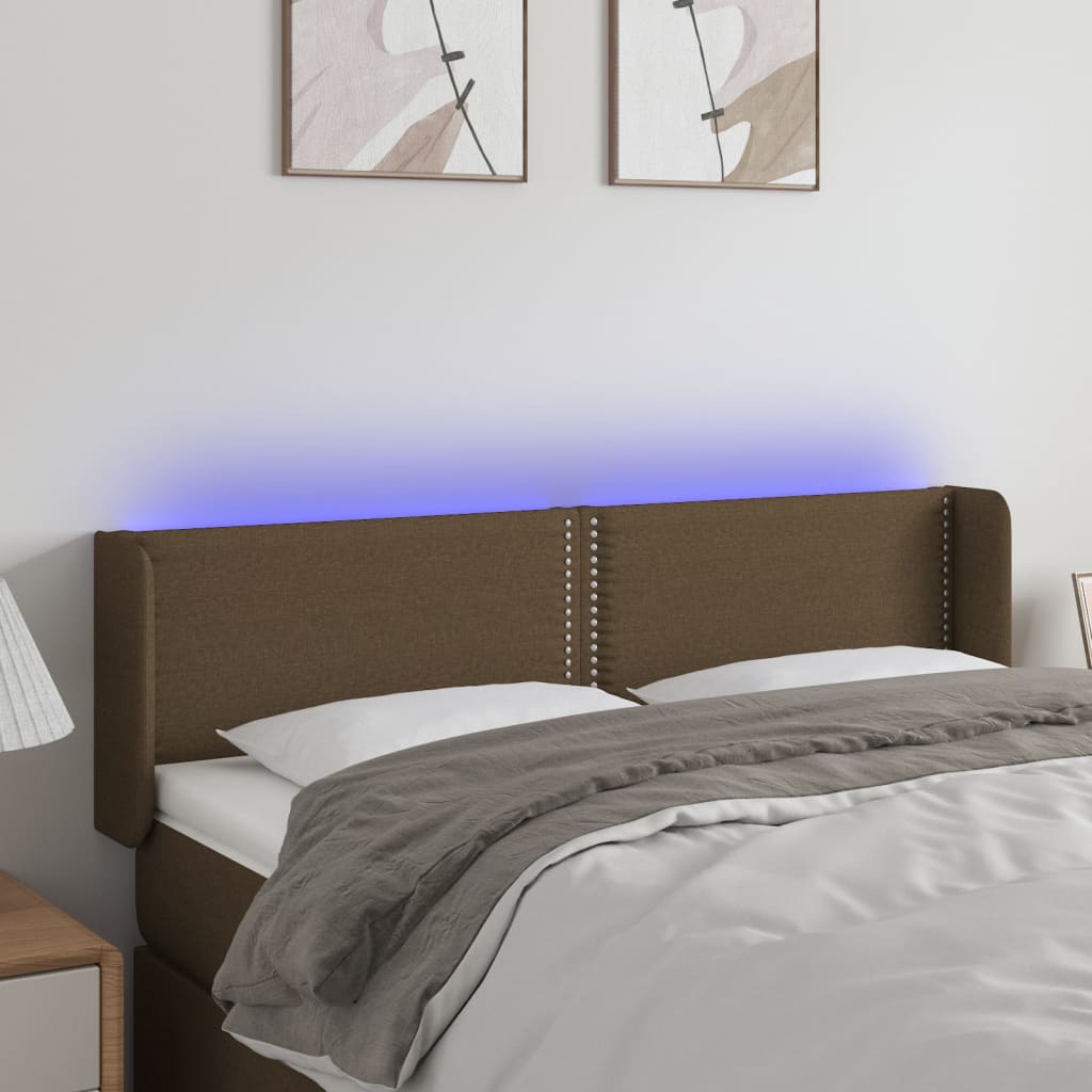 vidaXL Zagłówek do łóżka z LED, ciemnobrązowy, 147x16x78/88cm, tkanina