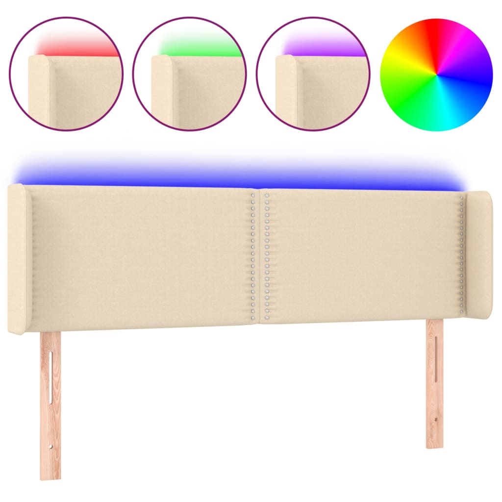 vidaXL Zagłówek do łóżka z LED, kremowy, 147x16x78/88 cm, tkanina