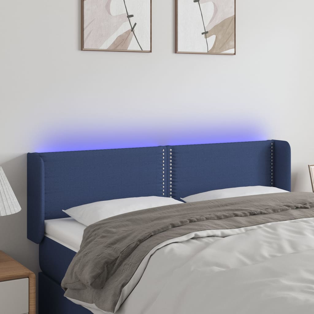 vidaXL Zagłówek do łóżka z LED, niebieski, 147x16x78/88 cm, tkanina