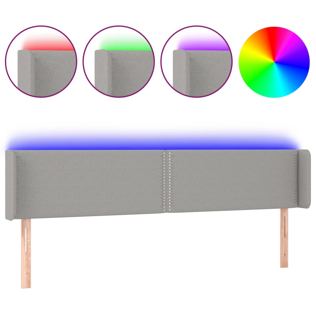 vidaXL Zagłówek do łóżka z LED, jasnoszary, 203x16x78/88 cm, tkanina