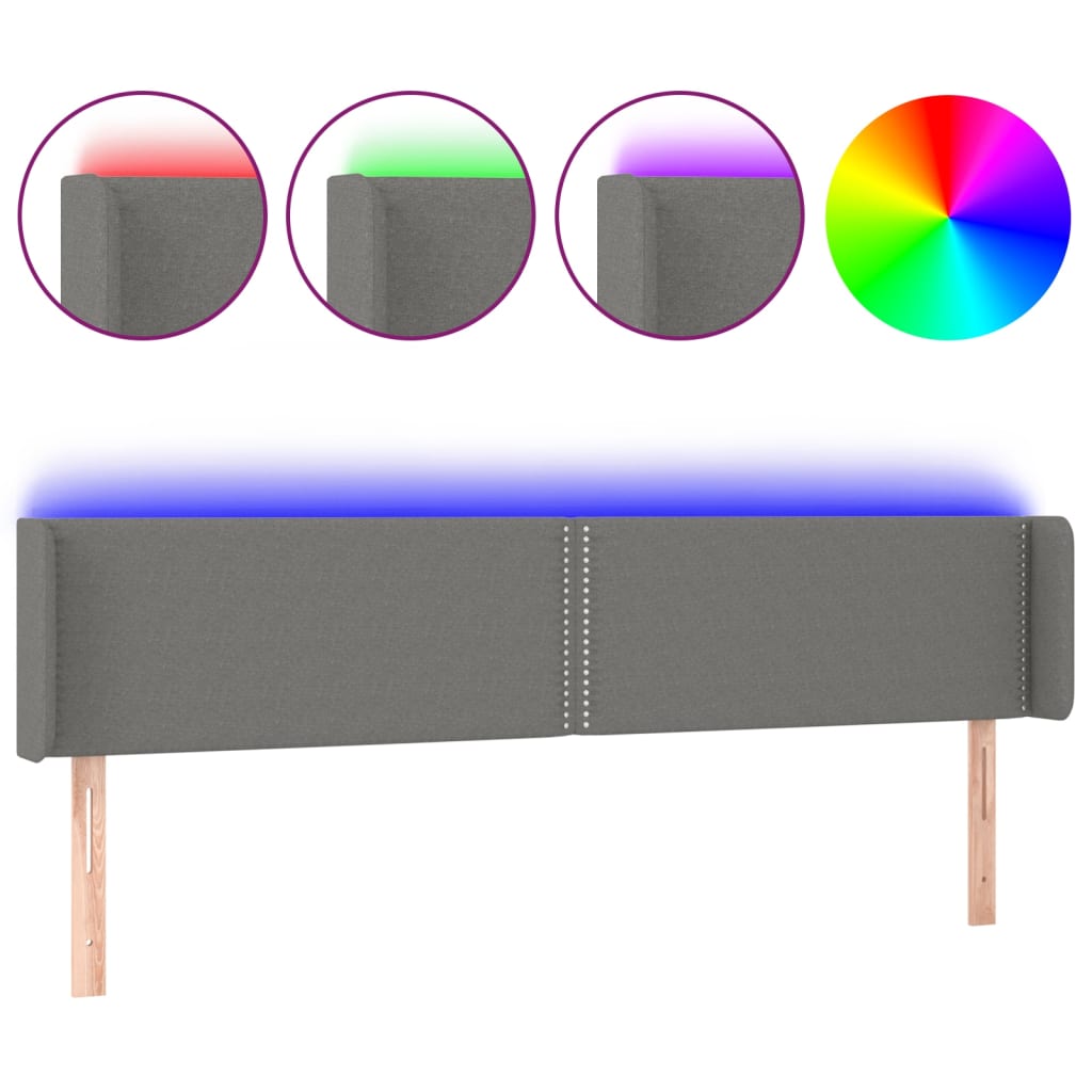 vidaXL Zagłówek do łóżka z LED, ciemnoszary, 203x16x78/88 cm, tkanina