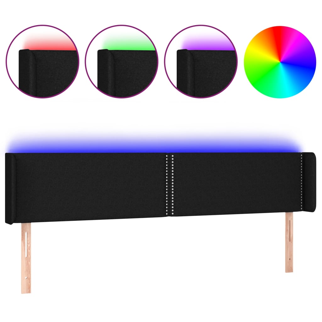 vidaXL Zagłówek do łóżka z LED, czarny, 203x16x78/88 cm, tkanina