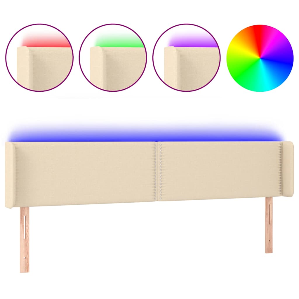 vidaXL Zagłówek do łóżka z LED, kremowy, 203x16x78/88 cm, tkanina