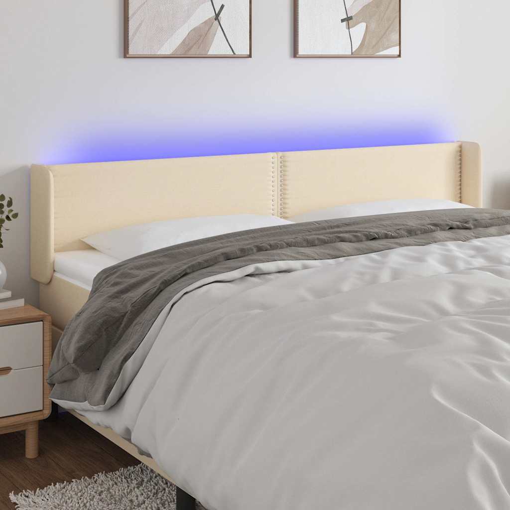vidaXL Zagłówek do łóżka z LED, kremowy, 203x16x78/88 cm, tkanina