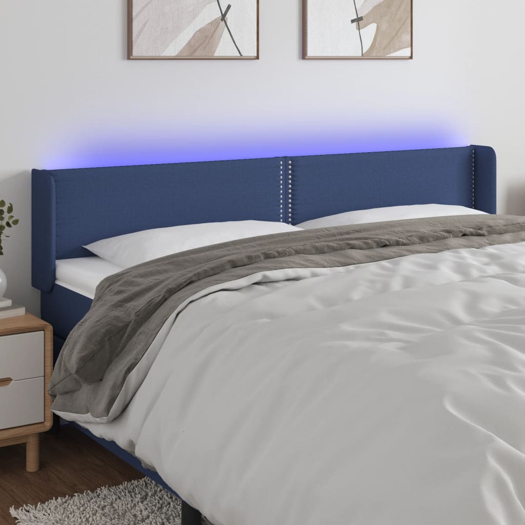 vidaXL Zagłówek do łóżka z LED, niebieski, 203x16x78/88 cm, tkanina