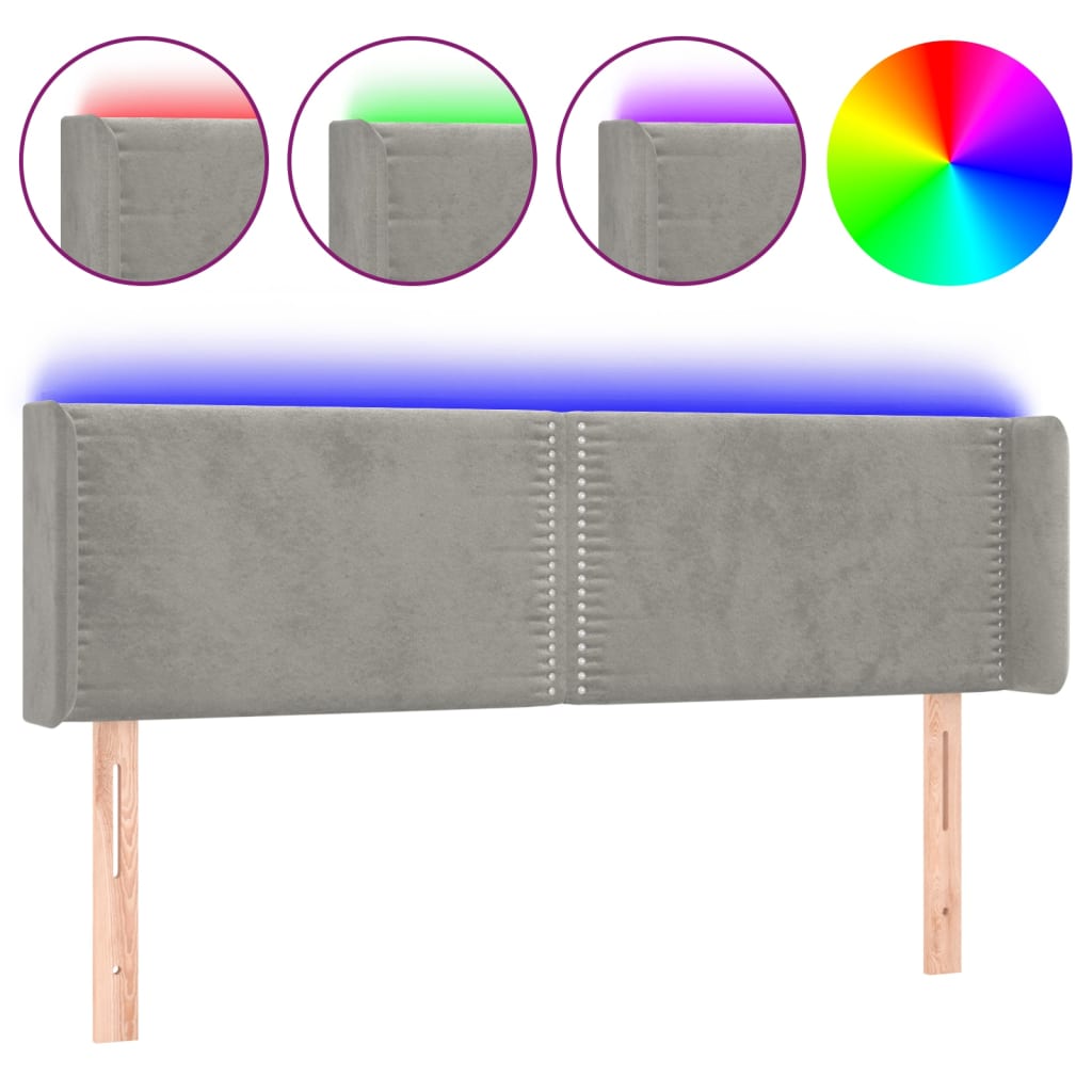 vidaXL Zagłówek do łóżka z LED, jasnoszary, 147x16x78/88 cm, aksamit