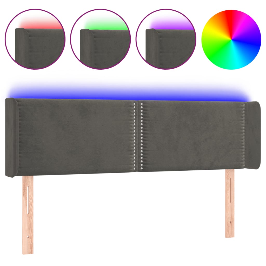 vidaXL Zagłówek do łóżka z LED, ciemnoszary, 147x16x78/88 cm, aksamit
