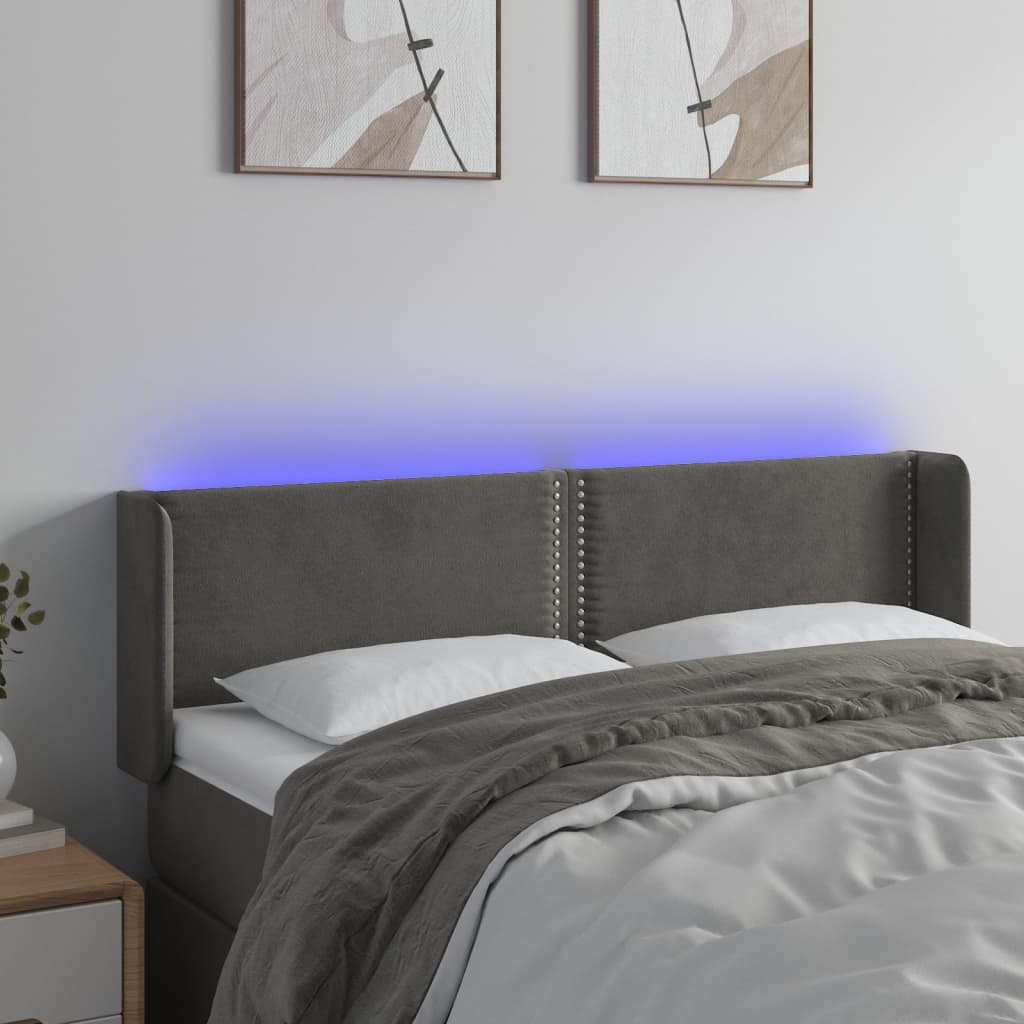 vidaXL Zagłówek do łóżka z LED, ciemnoszary, 147x16x78/88 cm, aksamit