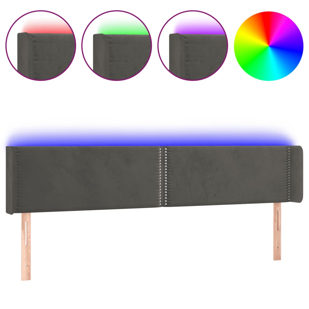 vidaXL Zagłówek do łóżka z LED, ciemnoszary, 163x16x78/88 cm, aksamit