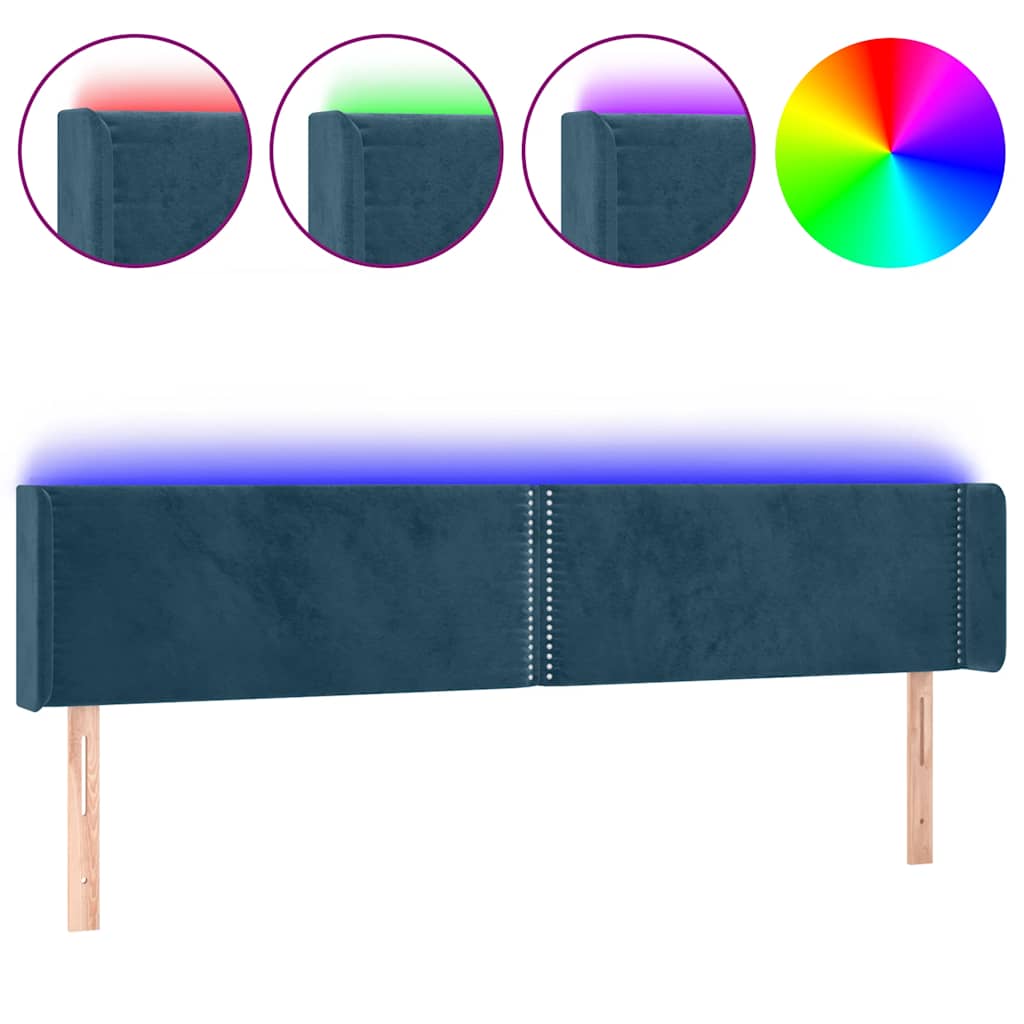 vidaXL Zagłówek do łóżka z LED ciemnoniebieski 163x16x78/88 cm aksamit