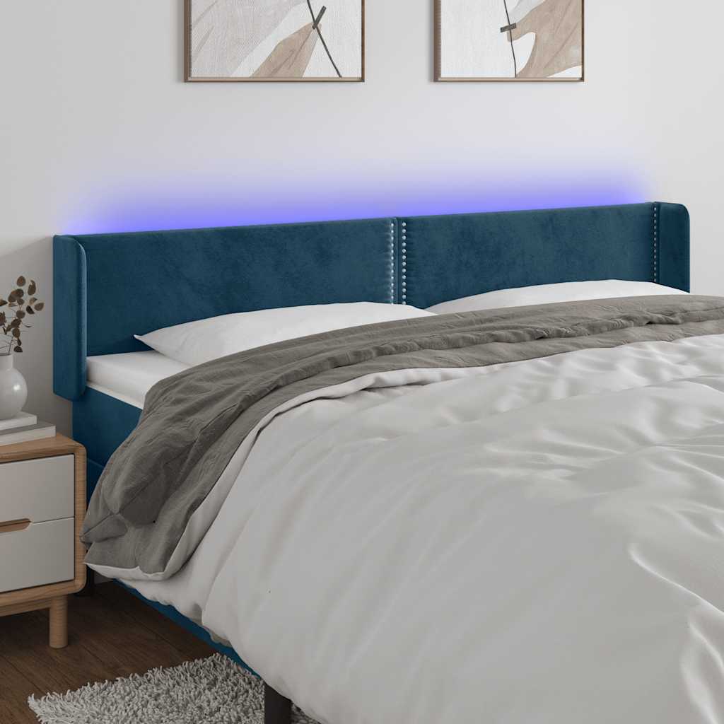 vidaXL Zagłówek do łóżka z LED ciemnoniebieski 163x16x78/88 cm aksamit