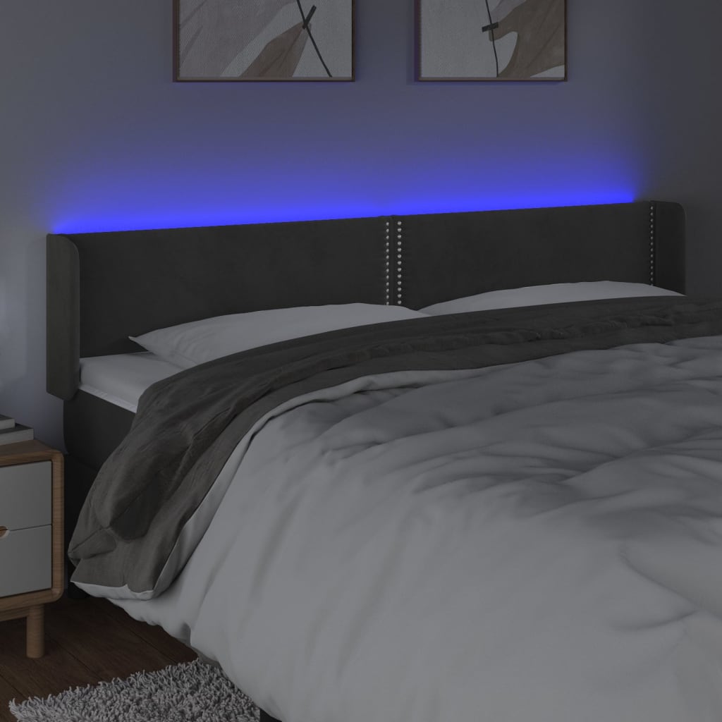 vidaXL Zagłówek do łóżka z LED, ciemnoszary, 183x16x78/88 cm, aksamit