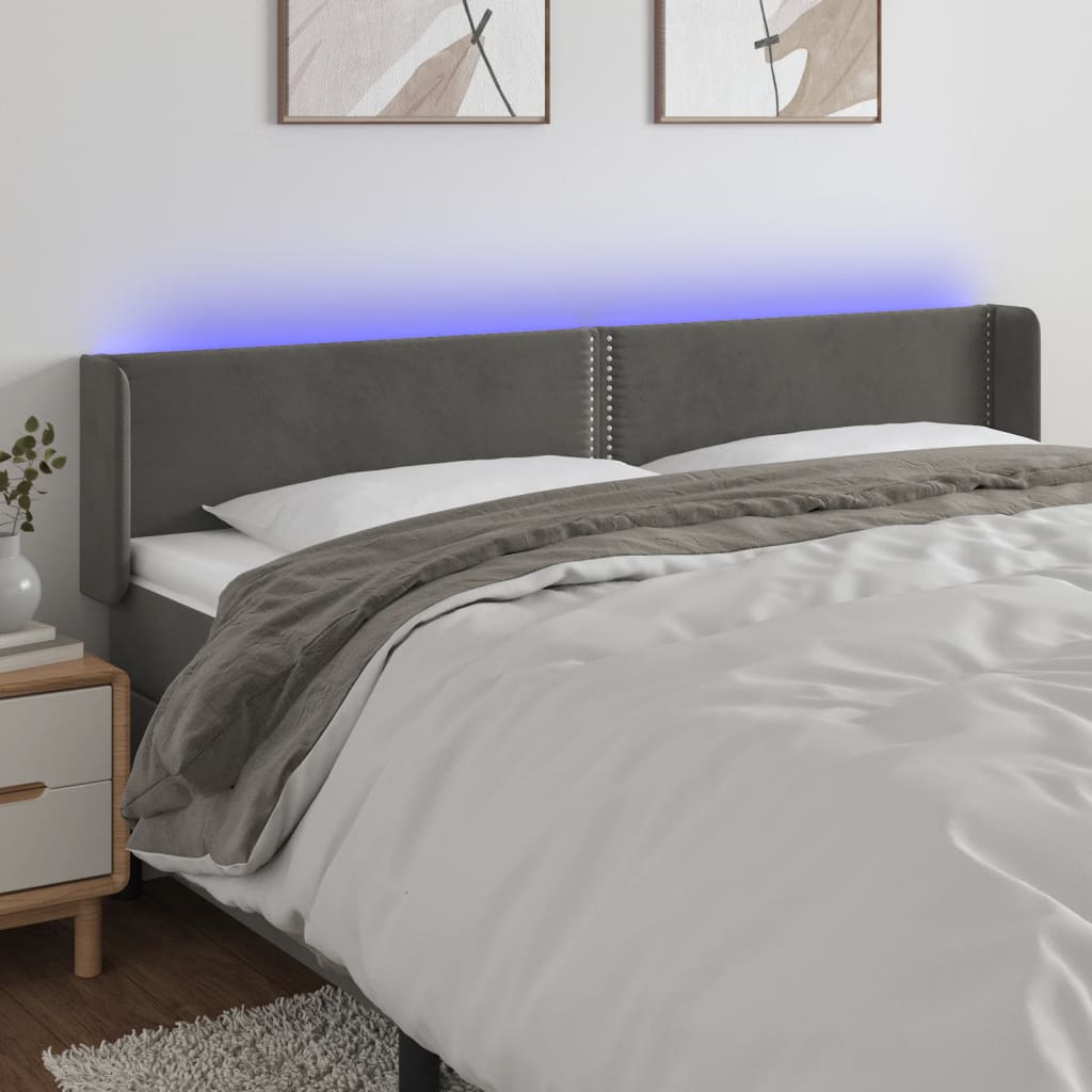 vidaXL Zagłówek do łóżka z LED, ciemnoszary, 183x16x78/88 cm, aksamit