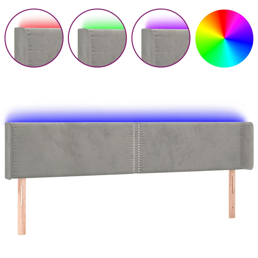 vidaXL Zagłówek do łóżka z LED, jasnoszary, 203x16x78/88 cm, aksamit