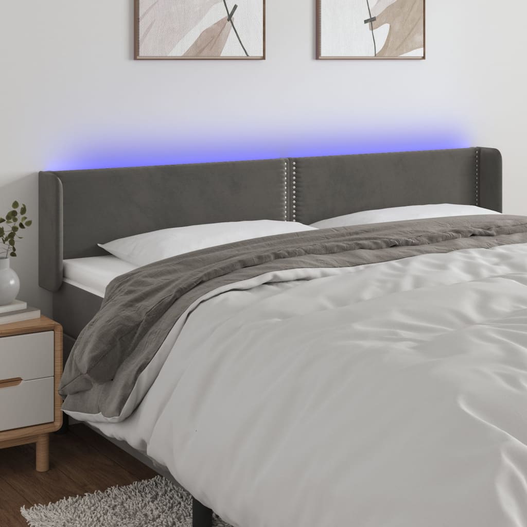 vidaXL Zagłówek do łóżka z LED, ciemnoszary, 203x16x78/88 cm, aksamit