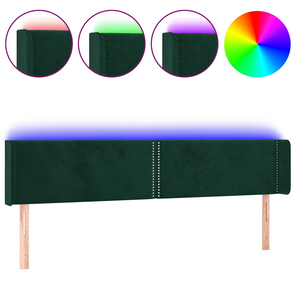 vidaXL Zagłówek do łóżka z LED, ciemnozielony, 203x16x78/88cm, aksamit