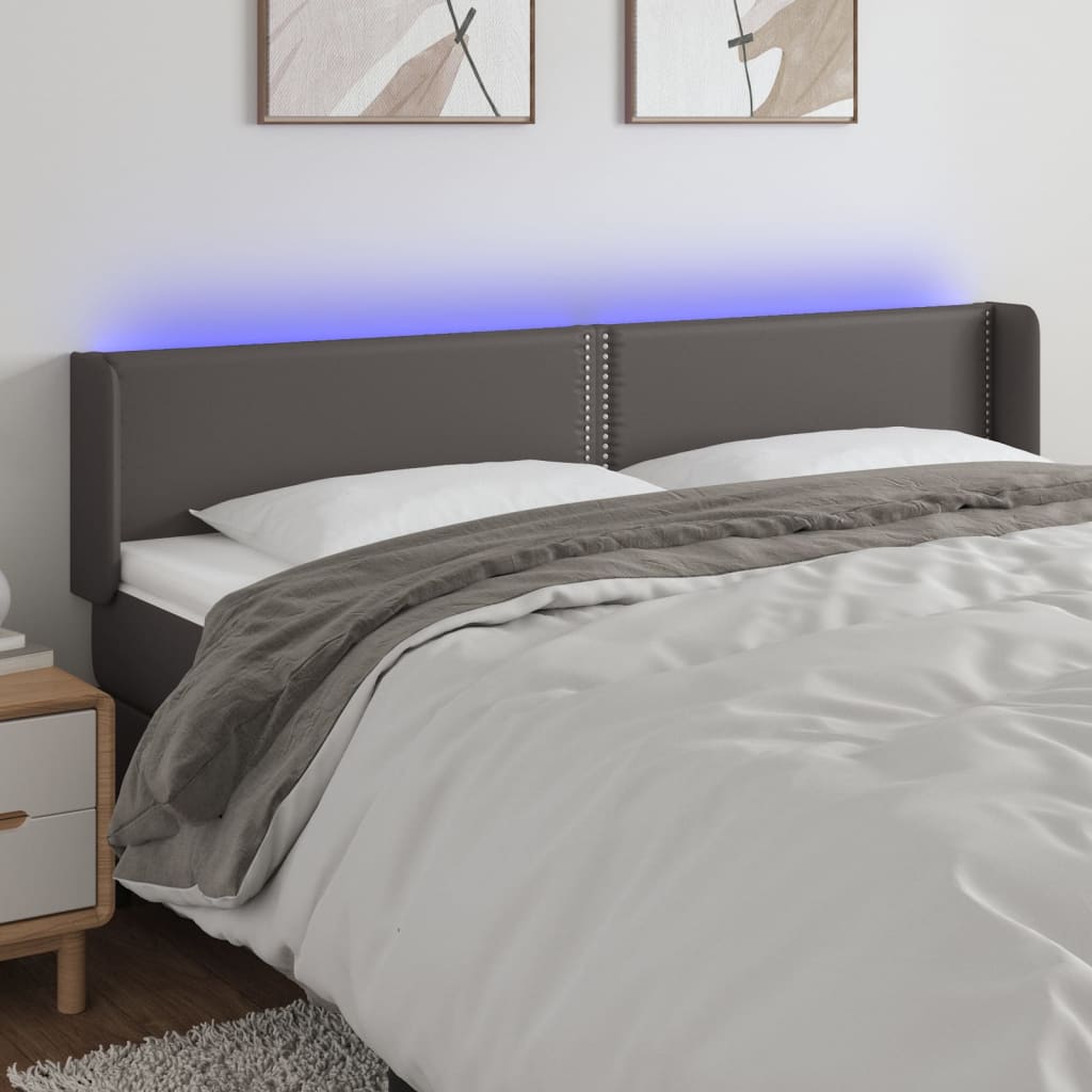 vidaXL Zagłówek do łóżka z LED, szary, 203x16x78/88 cm, sztuczna skóra