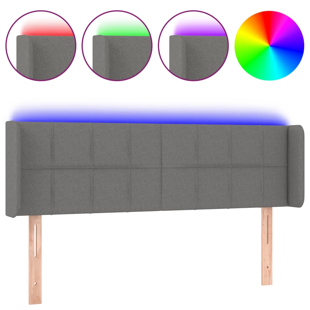 vidaXL Zagłówek do łóżka z LED, ciemnoszary, 147x16x78/88 cm, tkanina