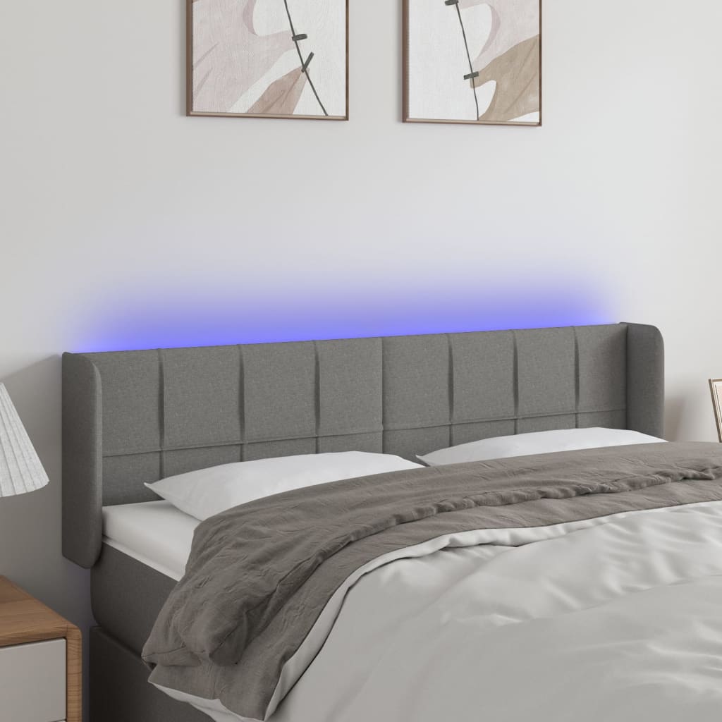 vidaXL Zagłówek do łóżka z LED, ciemnoszary, 147x16x78/88 cm, tkanina