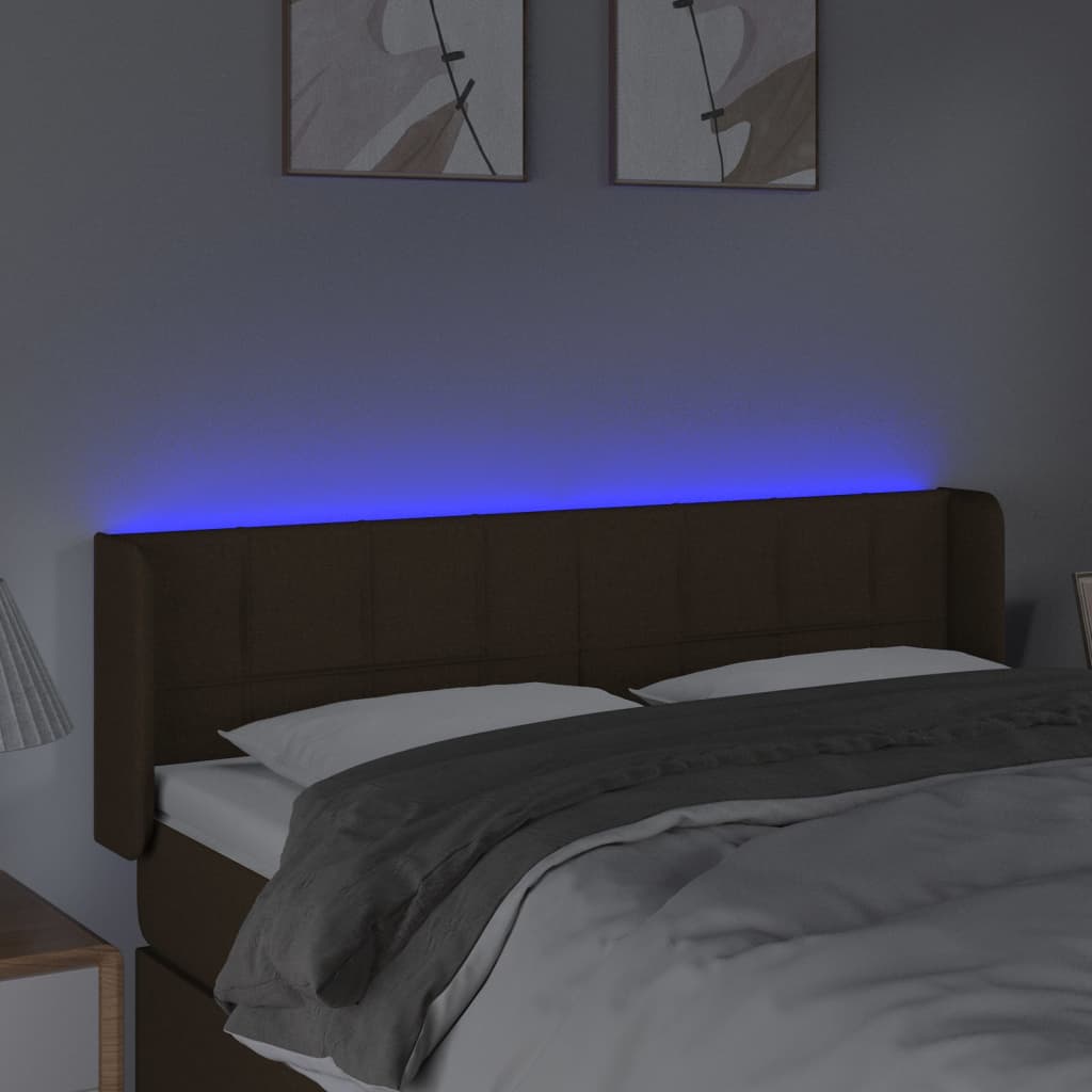 vidaXL Zagłówek do łóżka z LED, ciemnobrązowy, 147x16x78/88cm, tkanina