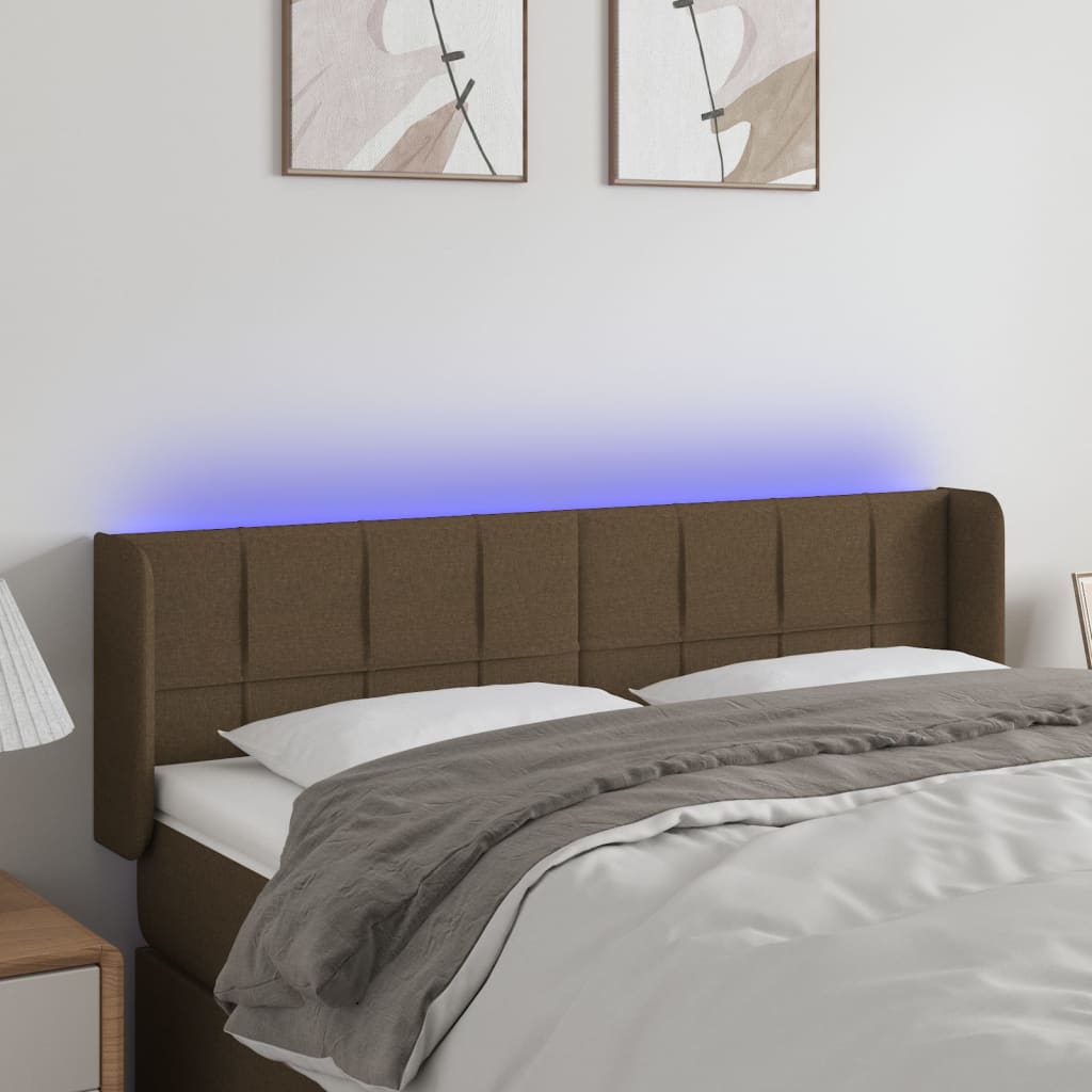 vidaXL Zagłówek do łóżka z LED, ciemnobrązowy, 147x16x78/88cm, tkanina