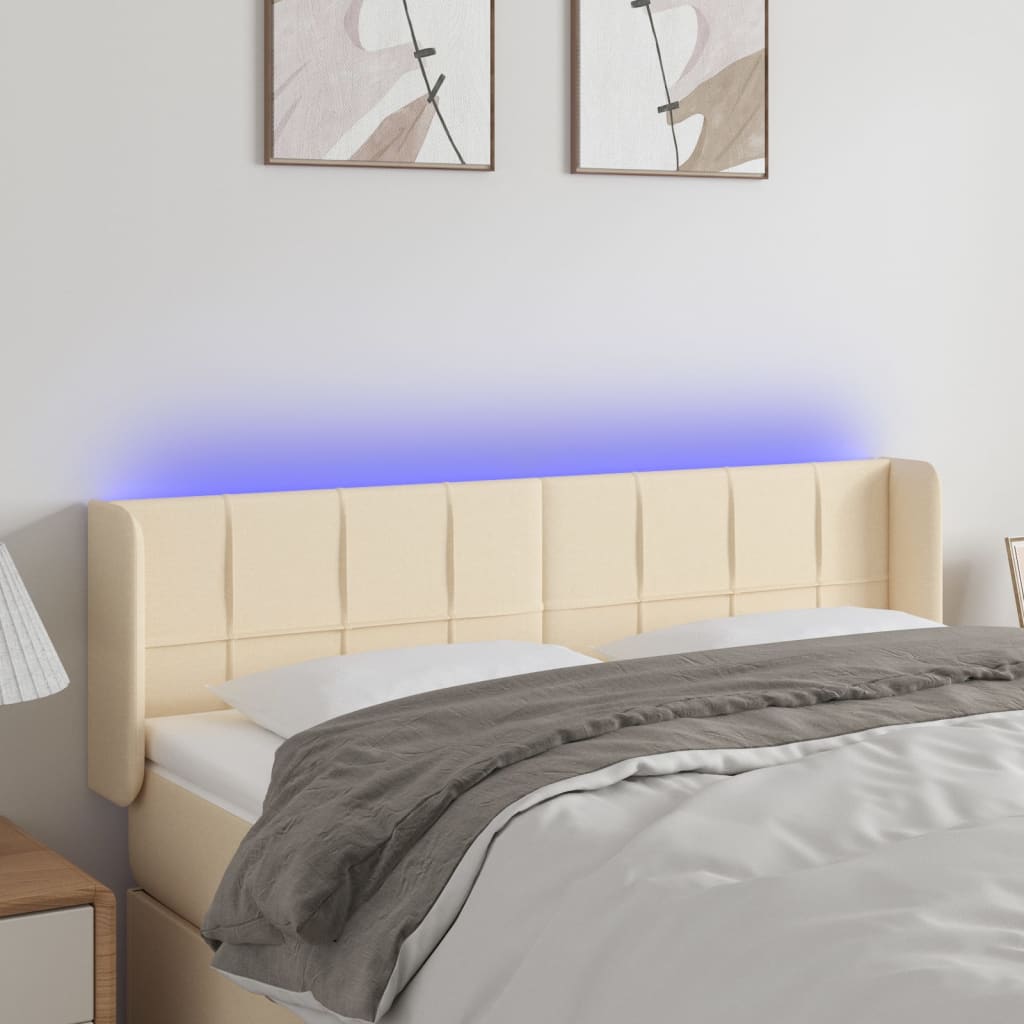 vidaXL Zagłówek do łóżka z LED, kremowy, 147x16x78/88 cm, tkanina