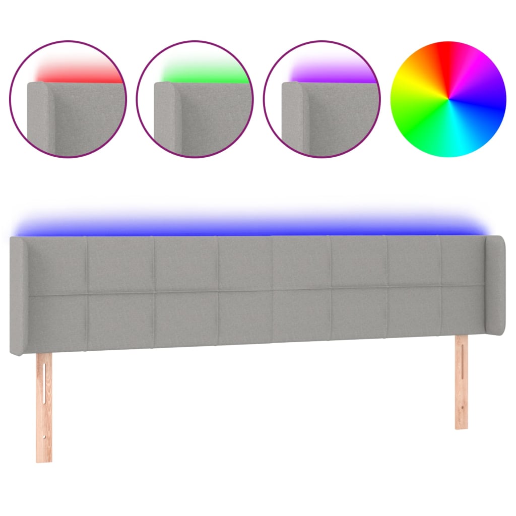 vidaXL Zagłówek do łóżka z LED, jasnoszary, 203x16x78/88 cm, tkanina