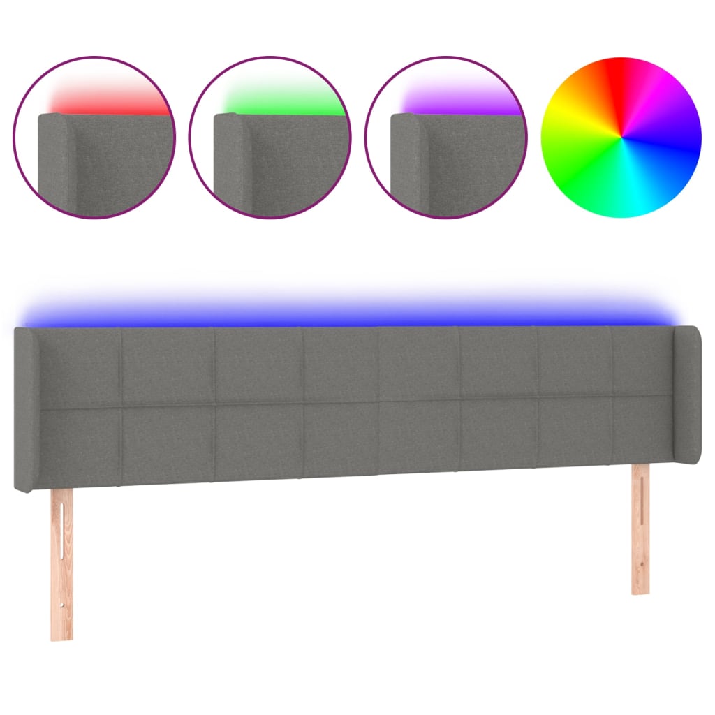 vidaXL Zagłówek do łóżka z LED, ciemnoszary, 203x16x78/88 cm, tkanina