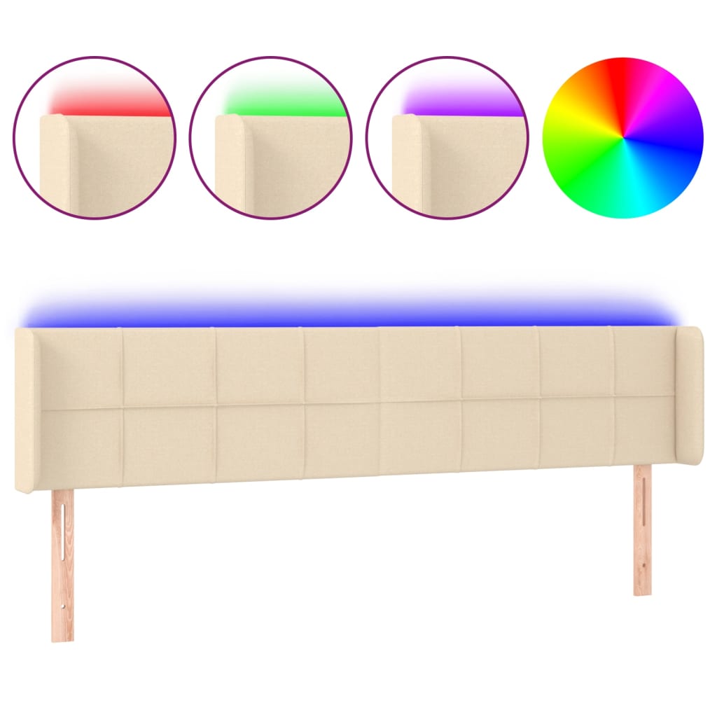 vidaXL Zagłówek do łóżka z LED, kremowy, 203x16x78/88 cm, tkanina