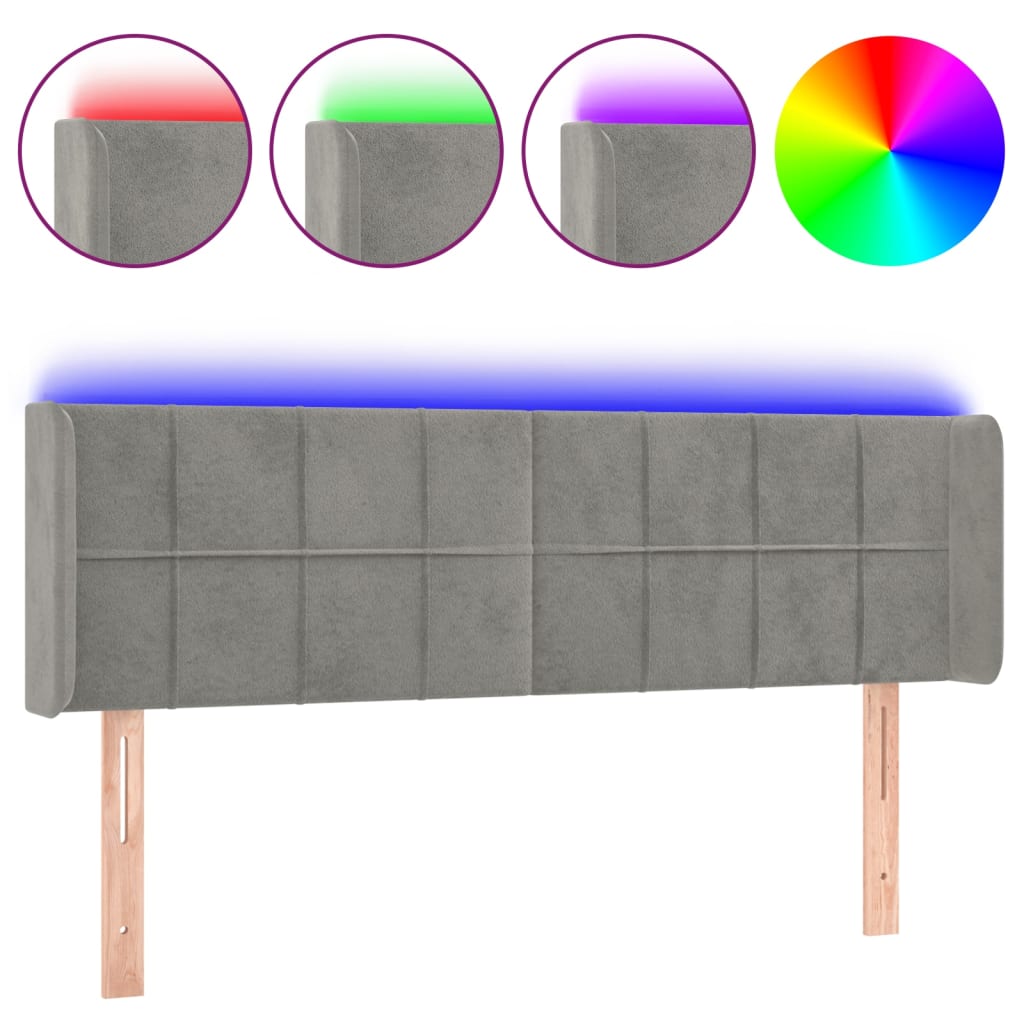 vidaXL Zagłówek do łóżka z LED, jasnoszary, 147x16x78/88 cm, aksamit