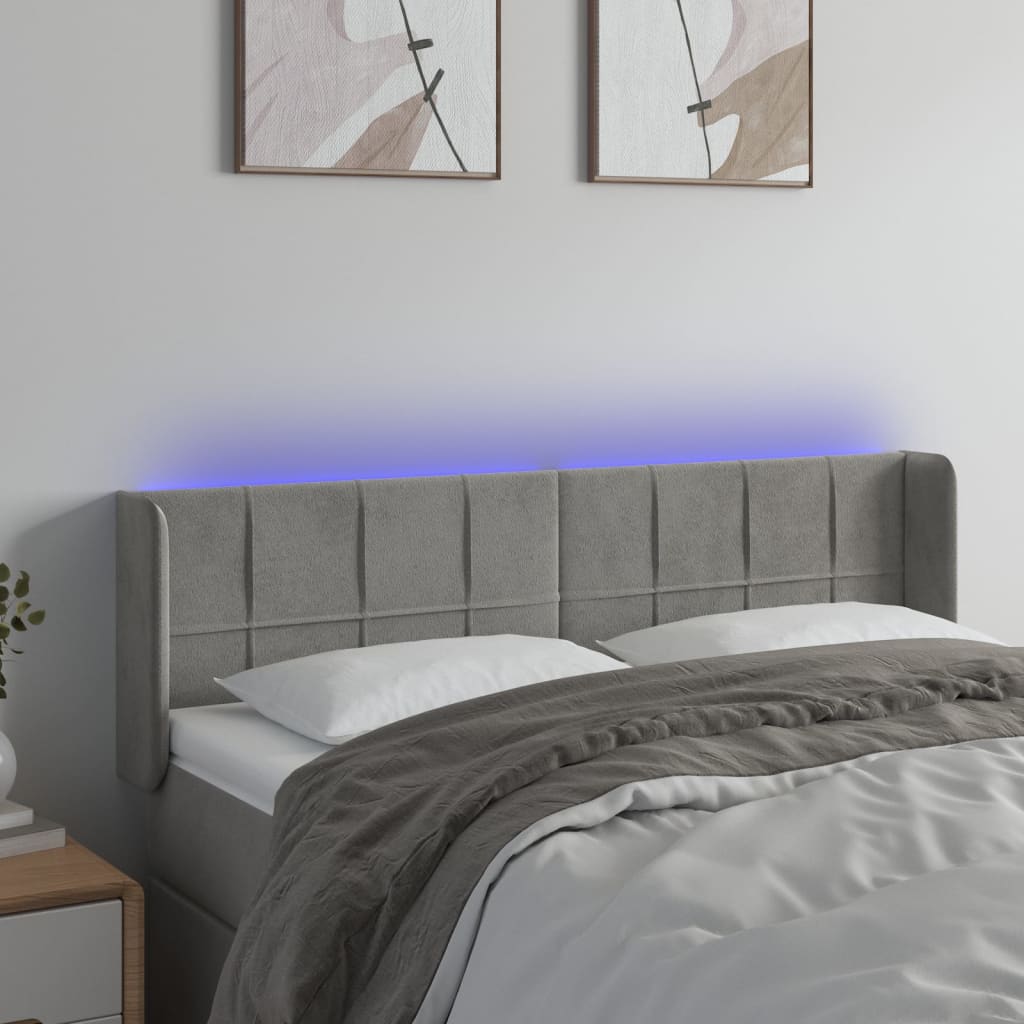 vidaXL Zagłówek do łóżka z LED, jasnoszary, 147x16x78/88 cm, aksamit